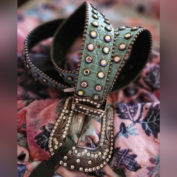 Nocona Accessories - Nocona Alligator Rhinestone Studded Genuine Leather Turquoise Green Leather Belt